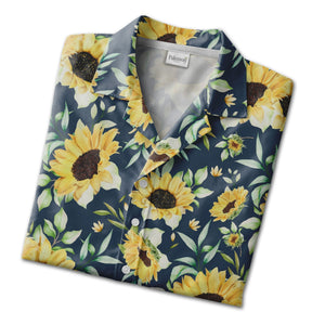 Elegant Watercolor Sunflower Hawaiian Shirt with Buds on Navy Blue