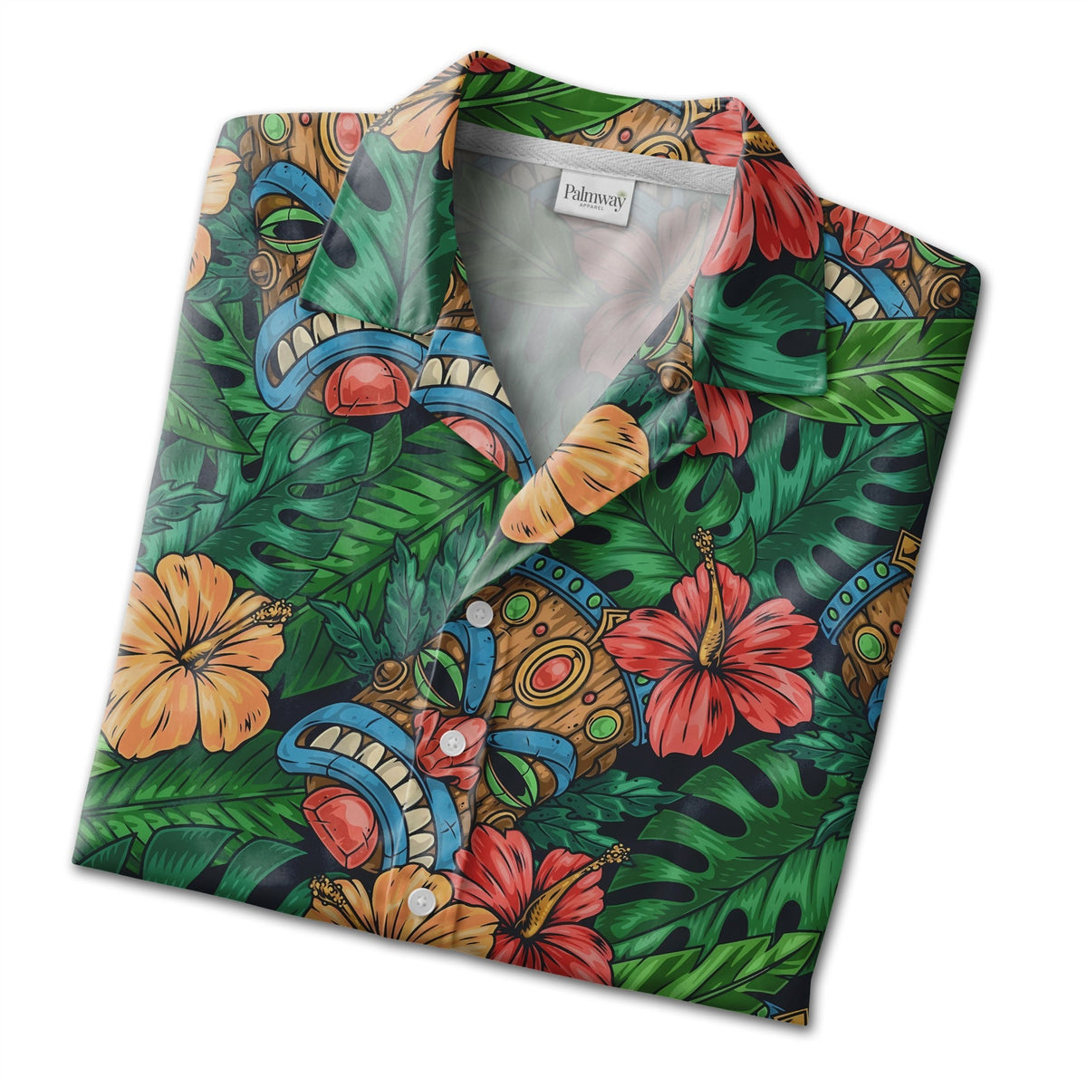 Festive Tiki Mask Hawaiian Shirt with Monstera on Navy Blue