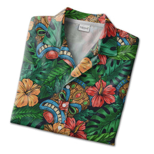 Festive Tiki Mask Hawaiian Shirt with Monstera on Navy Blue