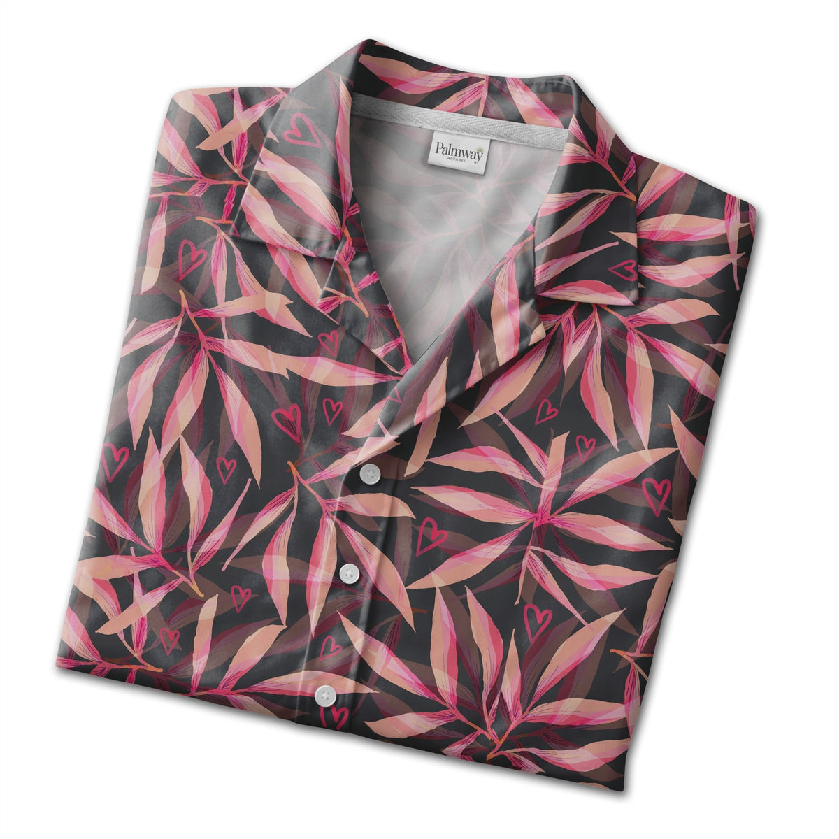 Glossy Hearts Hawaiian Shirt in Bright Pink and Red on Black Background