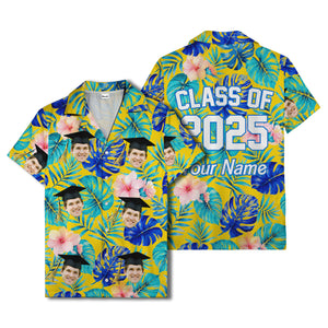 graduation caps tossed over hibiscus blooms on monstera hawaiian shirt