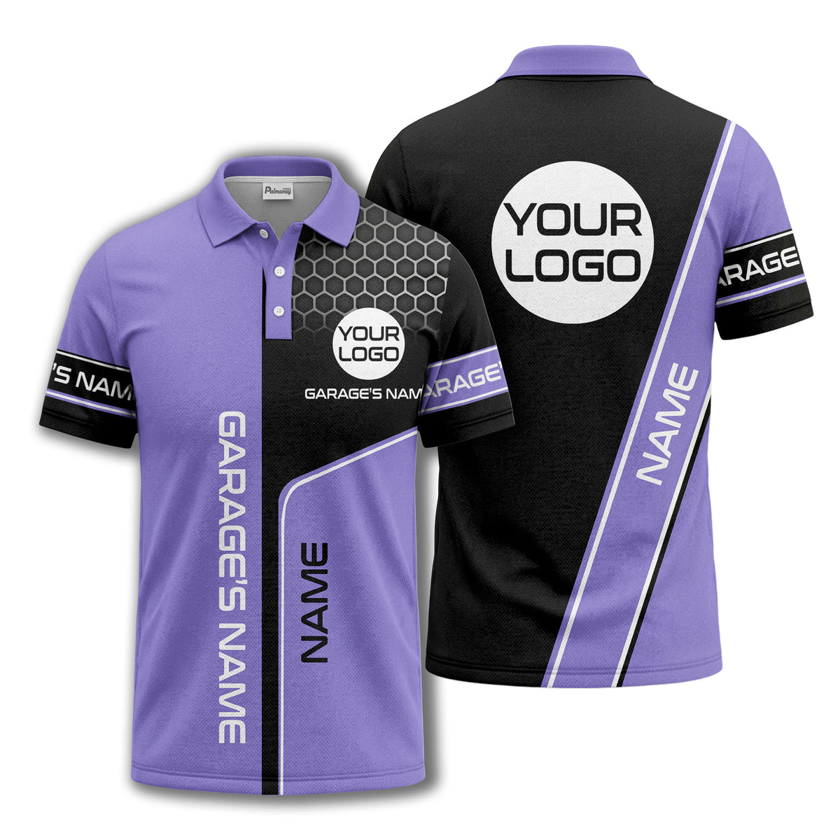 hexagonal grid garage name logo modern automotive polo shirt