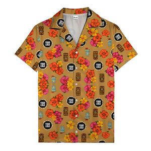 hibiscus & tiki masks all-over print hawaiian shirt for beach getaway