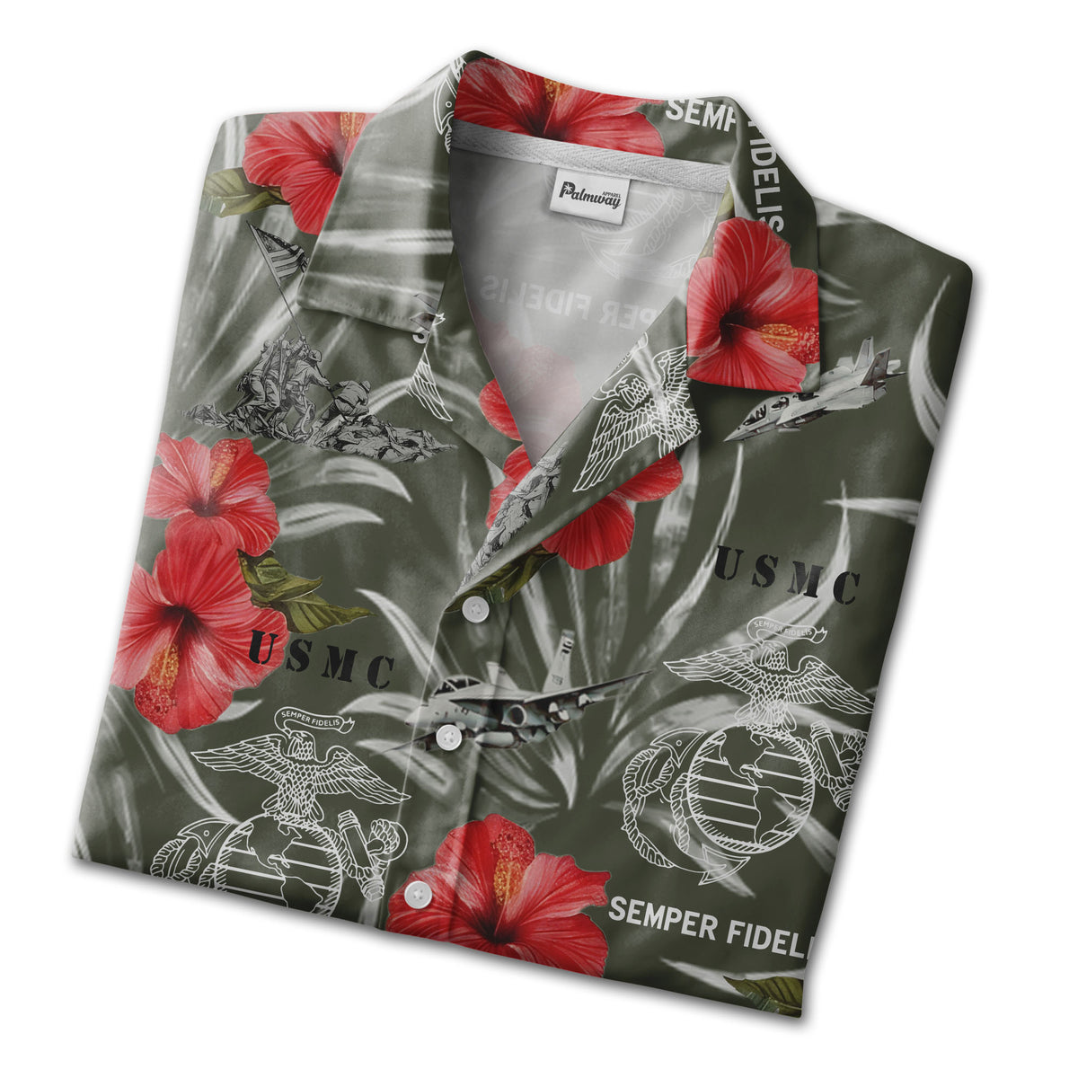 Marine Corps Olive Tropical Hawaiian Shirt - USMC Fighters Hibiscus Aloha Tee