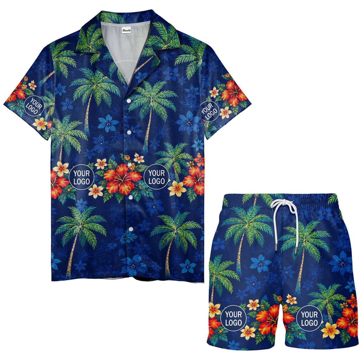 navy blue watercolor palm trees & hibiscus aloha hawaiian shirt