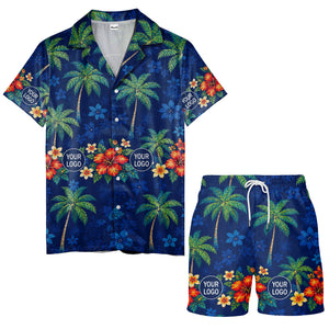 navy blue watercolor palm trees & hibiscus aloha hawaiian shirt