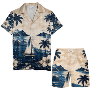 navy sailboat palm hibiscus hawaiian shirt for men