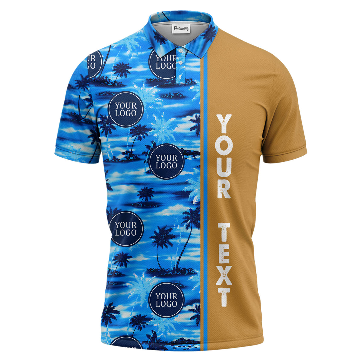 oceanic palm trees & circular logo repeat navy blue tropical beach polo shirt