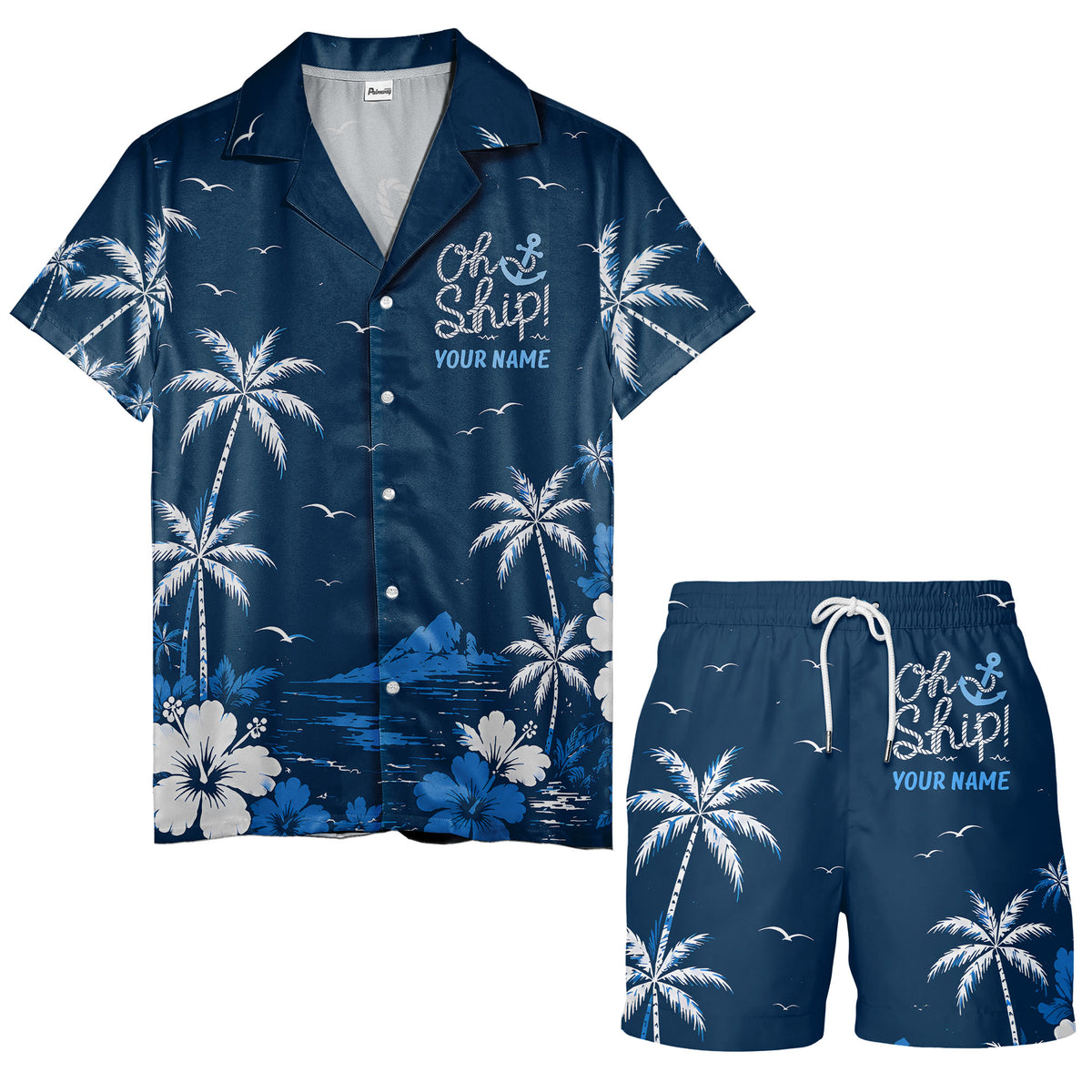 oh ship palm trees hibiscus navy blue watercolor hawaiian shirt for men