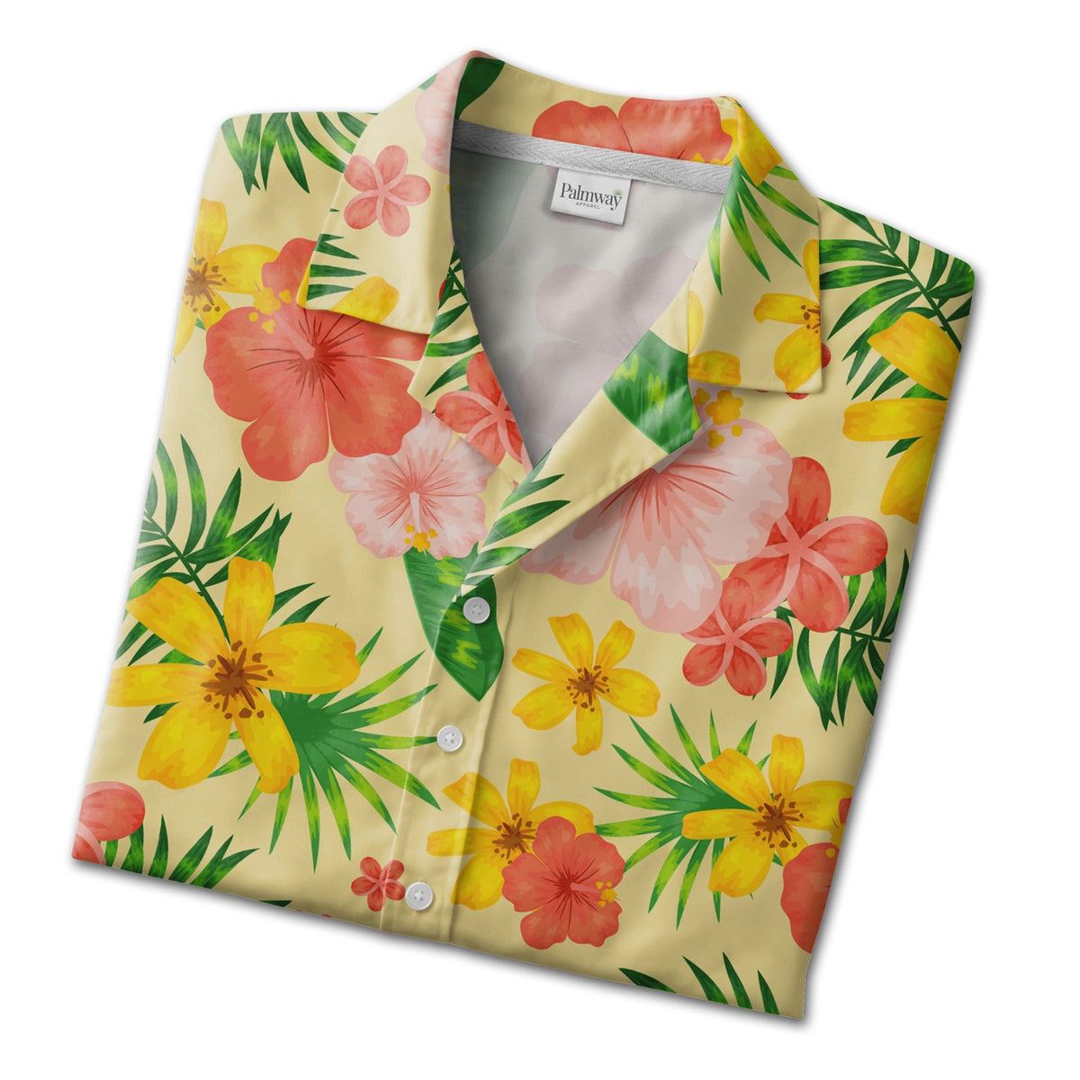 Pale Cream Tropical Lily Hawaiian Shirt with Red Yellow Blooms and Monstera