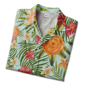 Pale Cream Watercolor Hibiscus Hawaiian Shirt with Berries and Paint Splatters