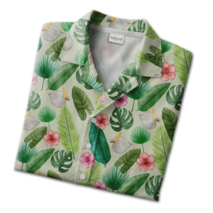 Pale Sage Green Watercolor Monstera Hawaiian Shirt with Anthurium Hibiscus