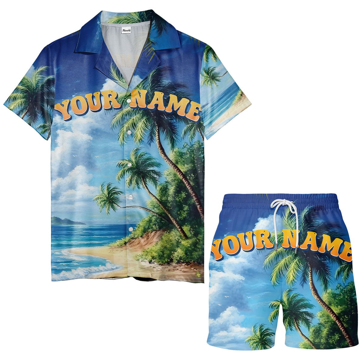 palm trees over ocean waves photorealistic hawaiian shirt