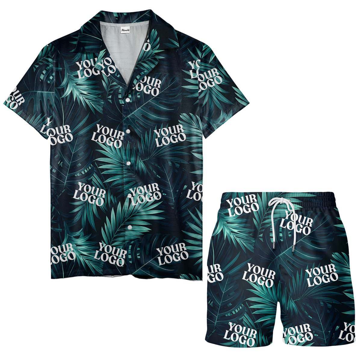 photorealistic palm leaves custom logo navy blue hawaiian shirt