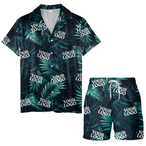 photorealistic palm leaves custom logo navy blue hawaiian shirt