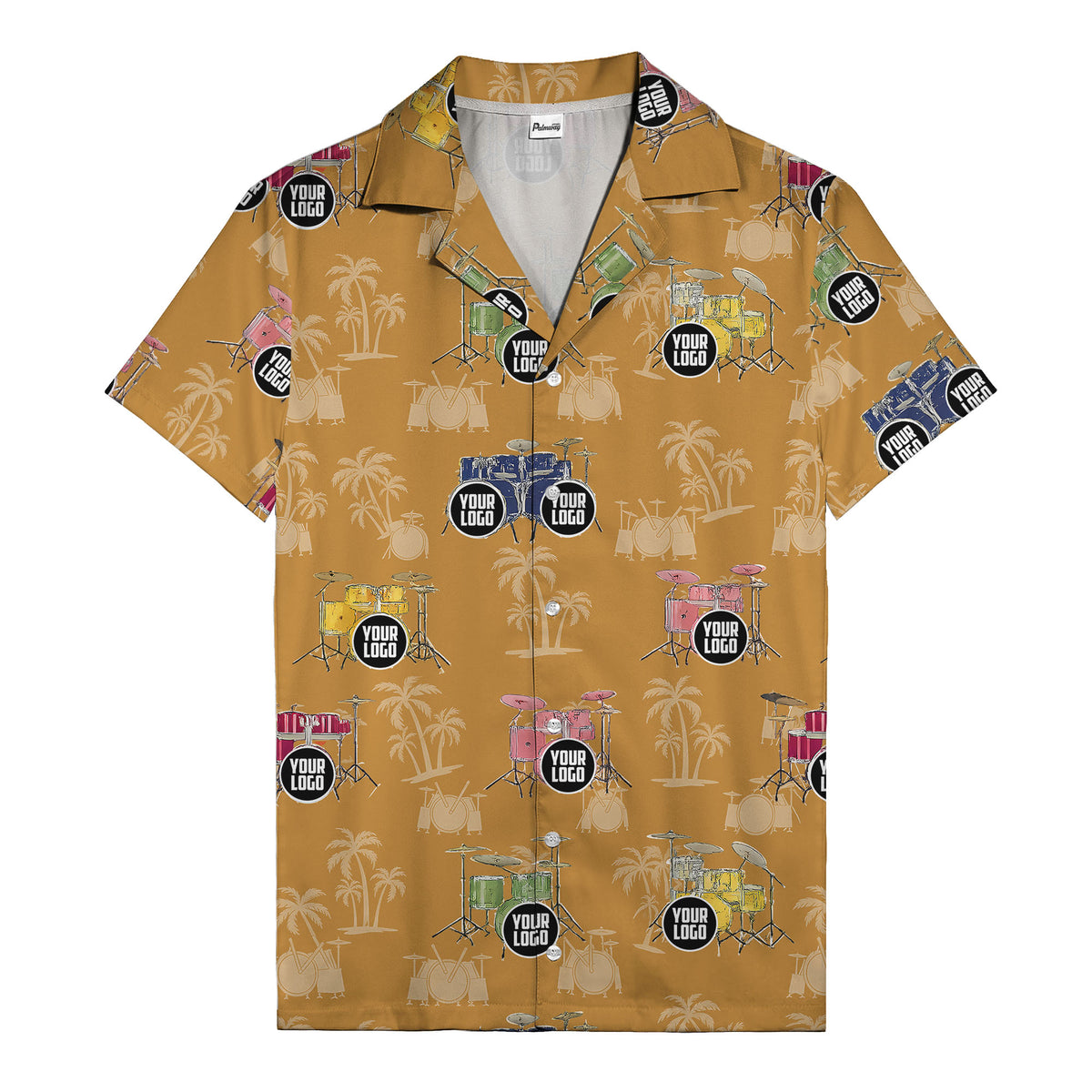 rockin' drum kits & palm trees repeat hawaiian shirt for musicians
