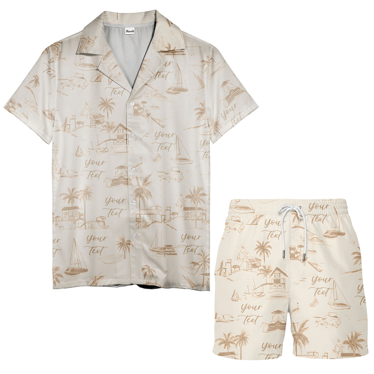 sketch illustrated palm trees & sailboats beach houses hawaiian shirt