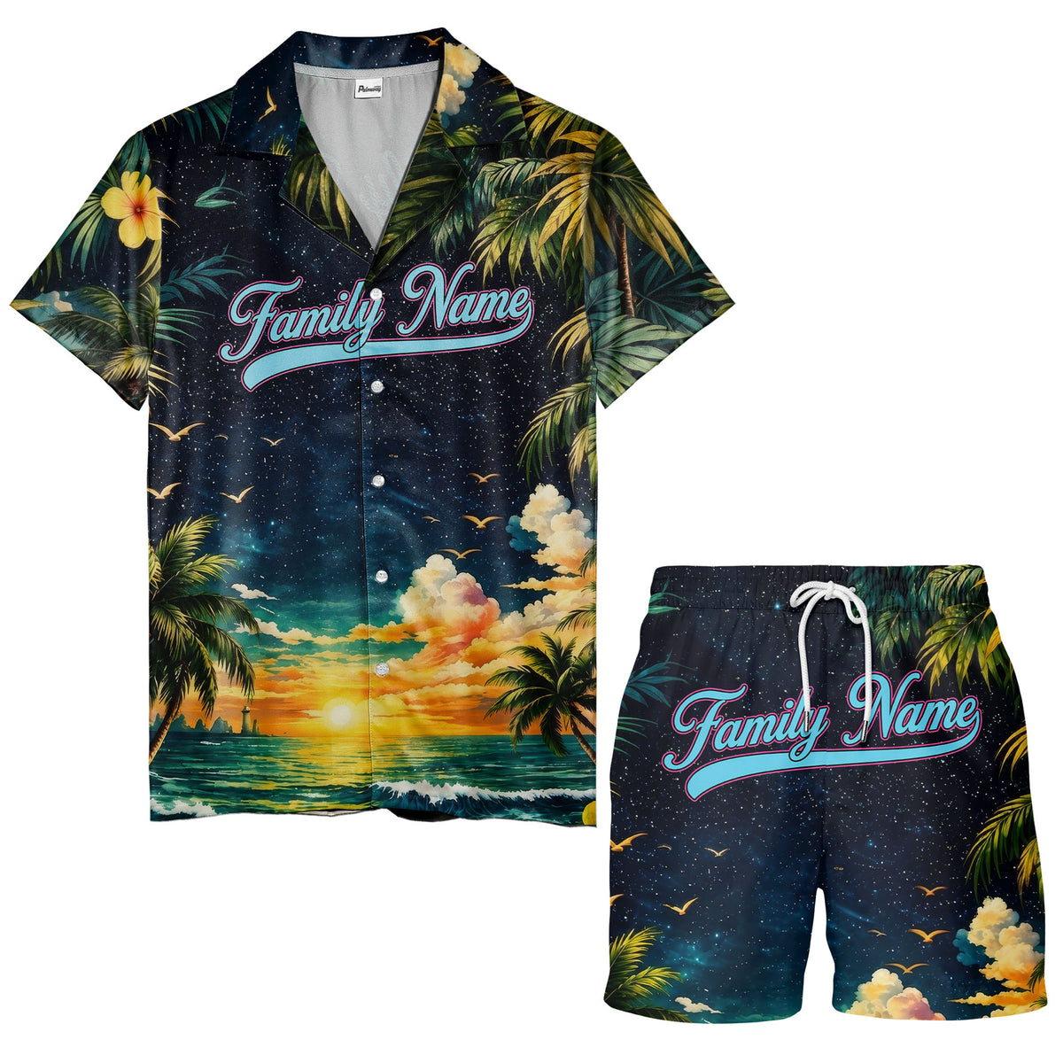 starry night sunset palm trees & hibiscus hawaiian shirt