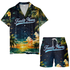 starry night sunset palm trees & hibiscus hawaiian shirt