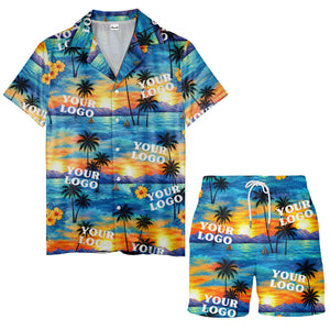sunset palm trees hibiscus sailboats watercolor hawaiian shirt for men