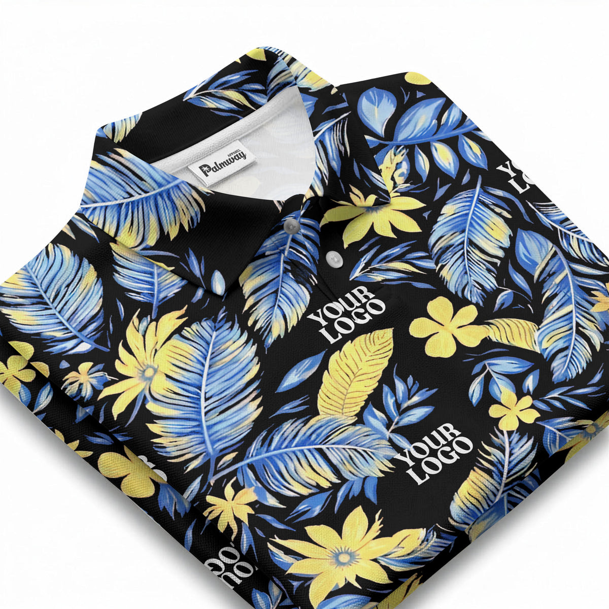 tropical floral hawaiian paradise flowers leaves plants black yellow blue green illustrated polo shi polo shirt