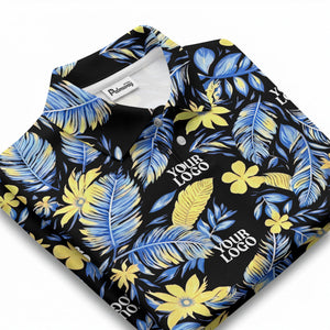 tropical floral hawaiian paradise flowers leaves plants black yellow blue green illustrated polo shi polo shirt