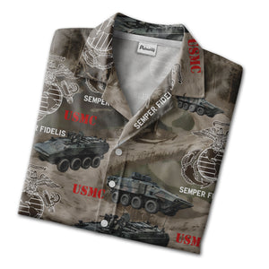 USMC Marine Corps Camouflage Military Vehicles Aloha Button Down Shirt Hawaiian Shirt