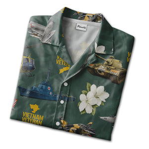 Vietnam Veteran Hawaiian Shirt - Military Jets Tanks Ships & Tropical Hibiscus
