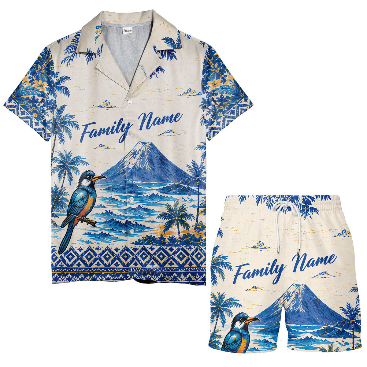 watercolor blue bird soaring over palm trees mountain scene hawaiian shirt