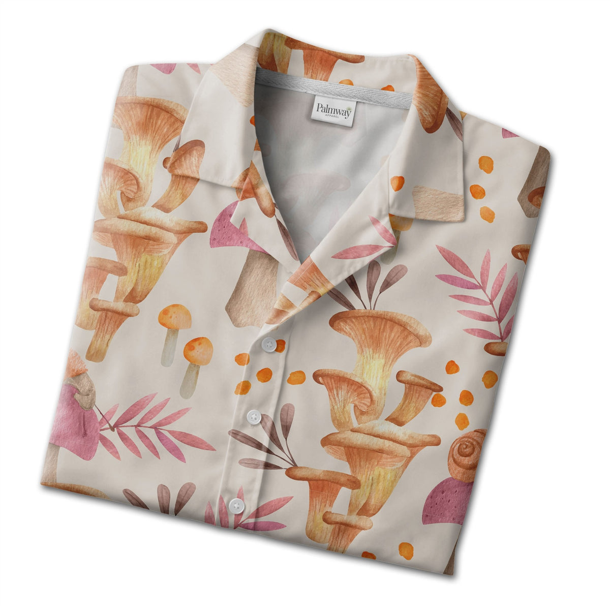 Watercolor Chanterelle Mushroom Hawaiian Shirt with Snails and Pink Leaves
