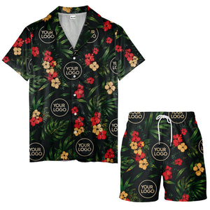 watercolor hibiscus & monstera leaves hawaiian shirt for men
