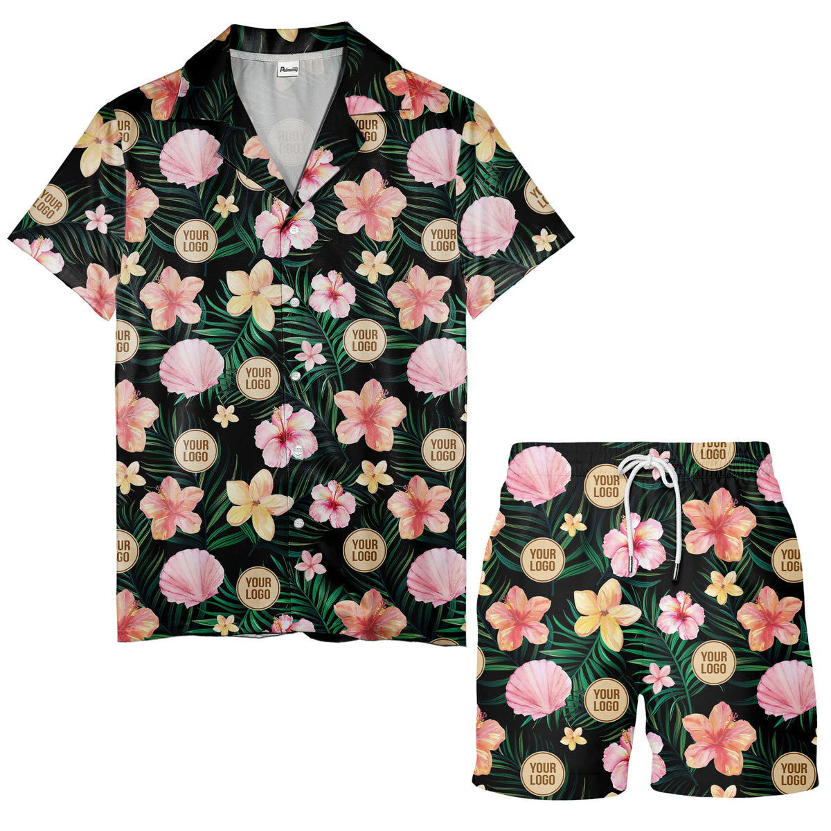 watercolor hibiscus plumeria custom logo black hawaiian shirt