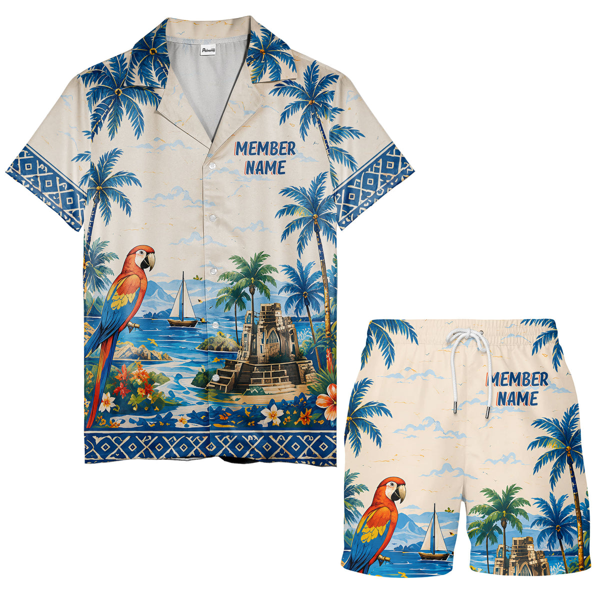 watercolor parrot sailboat castle ruins hawaiian shirt