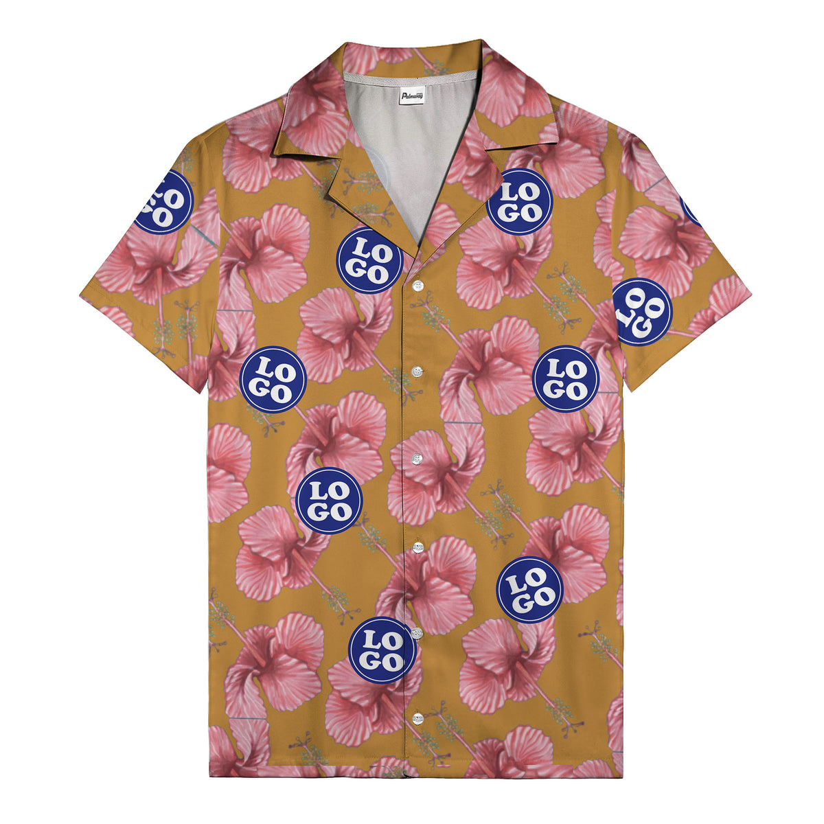 watercolor pink hibiscus & blue logo repeat aloha hawaiian shirt