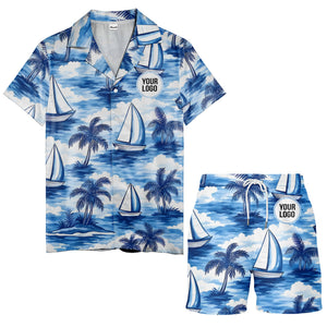 watercolor sailboats drifting through palm tree islands hawaiian shirt for men