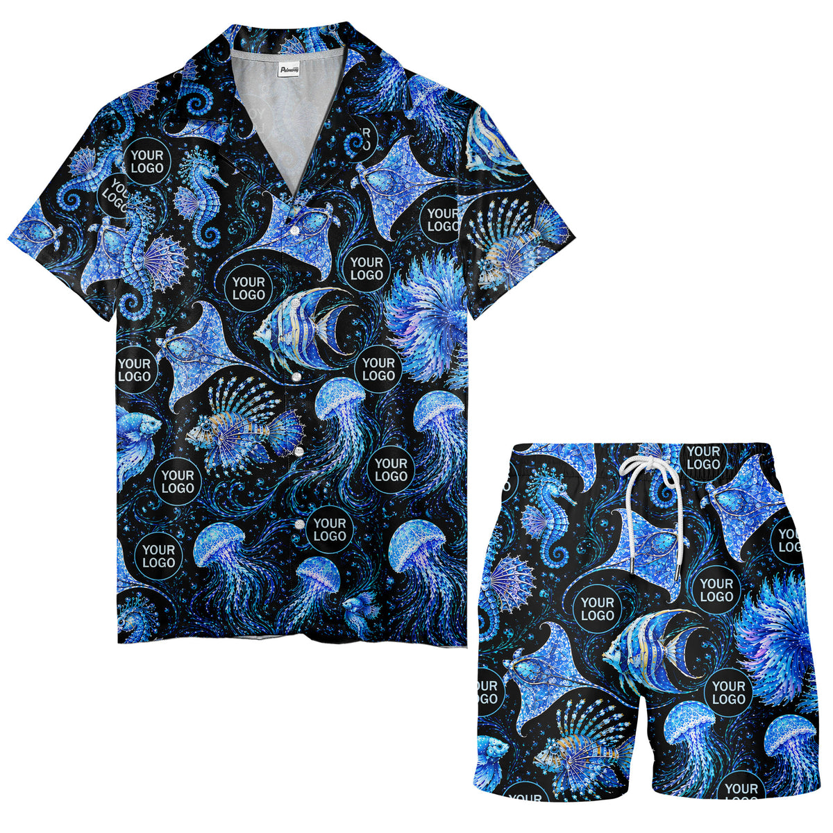 watercolor seahorses jellyfish navy blue hawaiian shirt