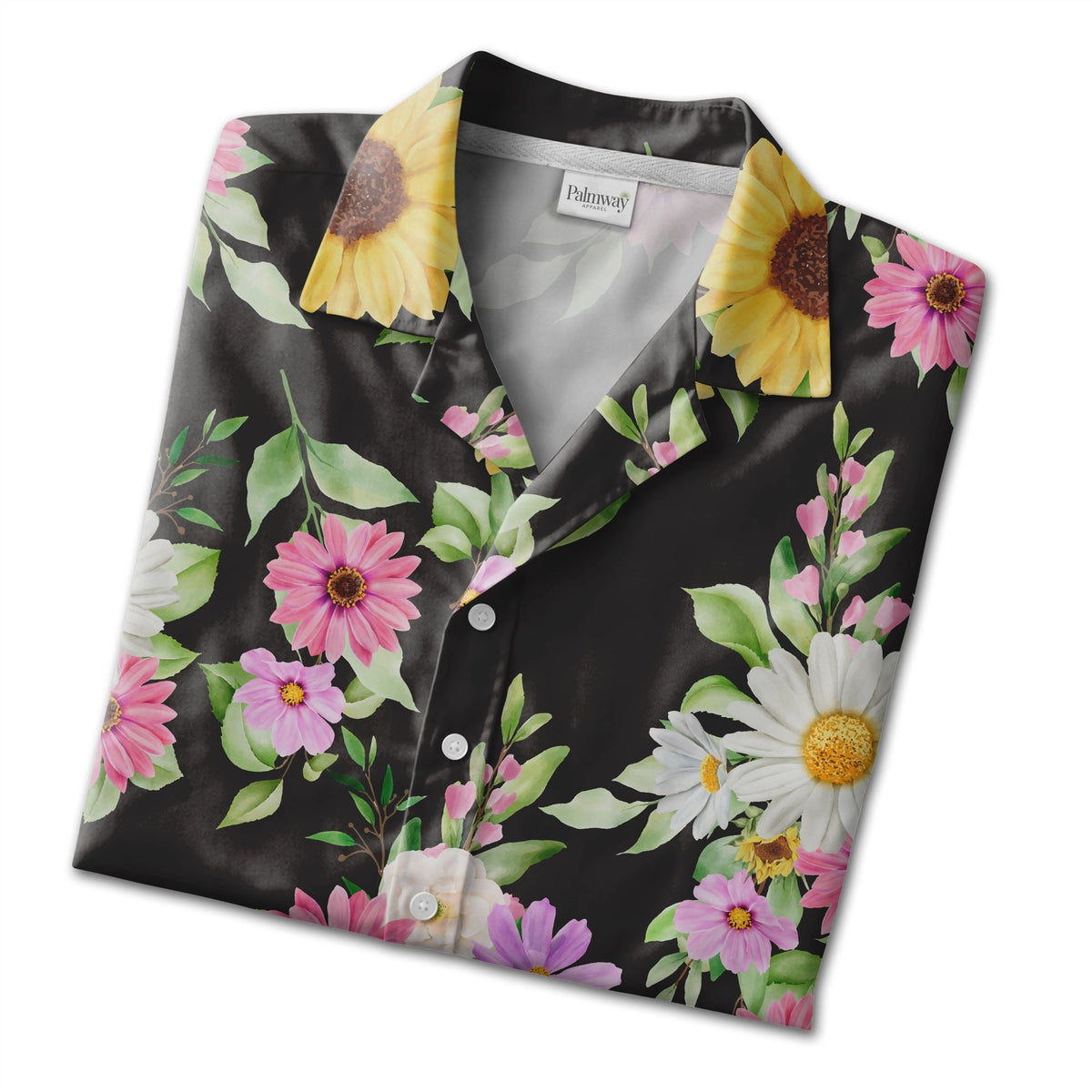 Watercolor Sunflower and Daisy Hawaiian Shirt with Lavender Accents on Black