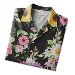 Watercolor Sunflower and Daisy Hawaiian Shirt with Lavender Accents on Black