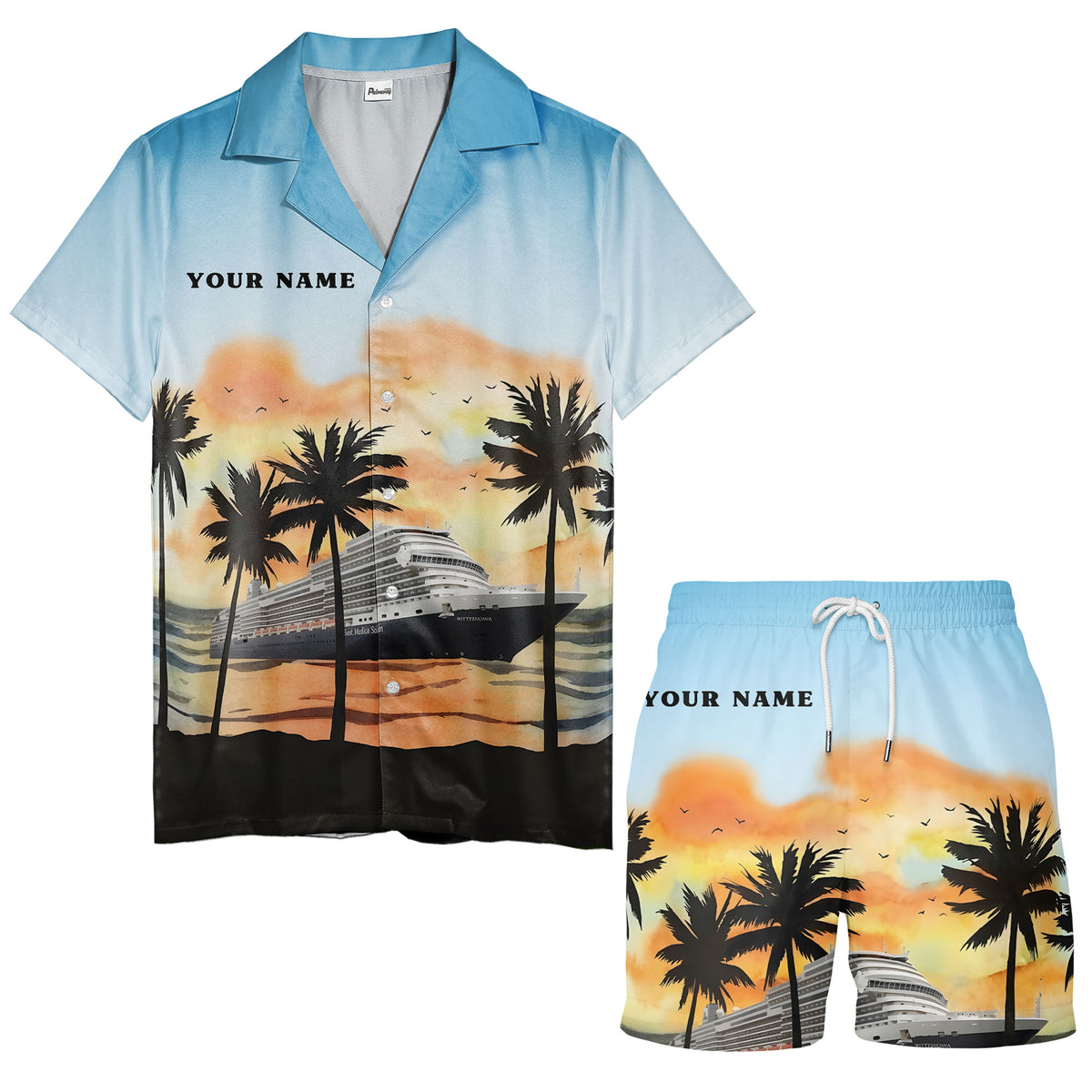 watercolor sunset cruise ship palm trees hawaiian shirt for men