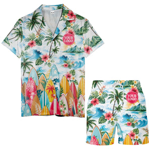 watercolor surfboards palm trees hibiscus hawaiian shirt for men