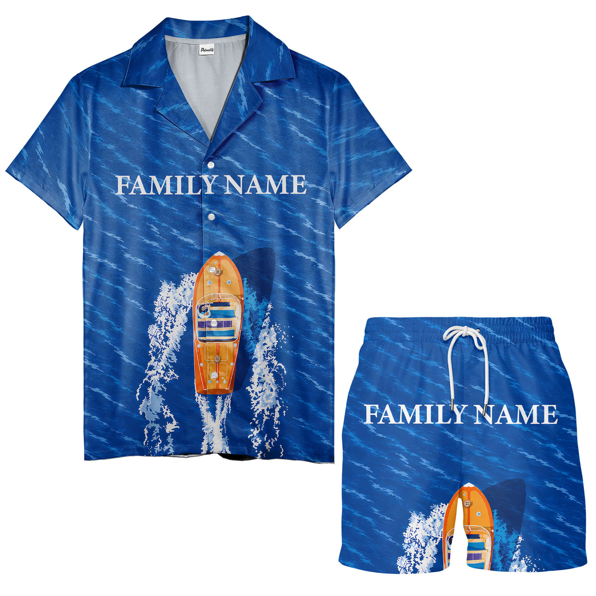 wooden speedboat racing navy blue ocean waves hawaiian shirt