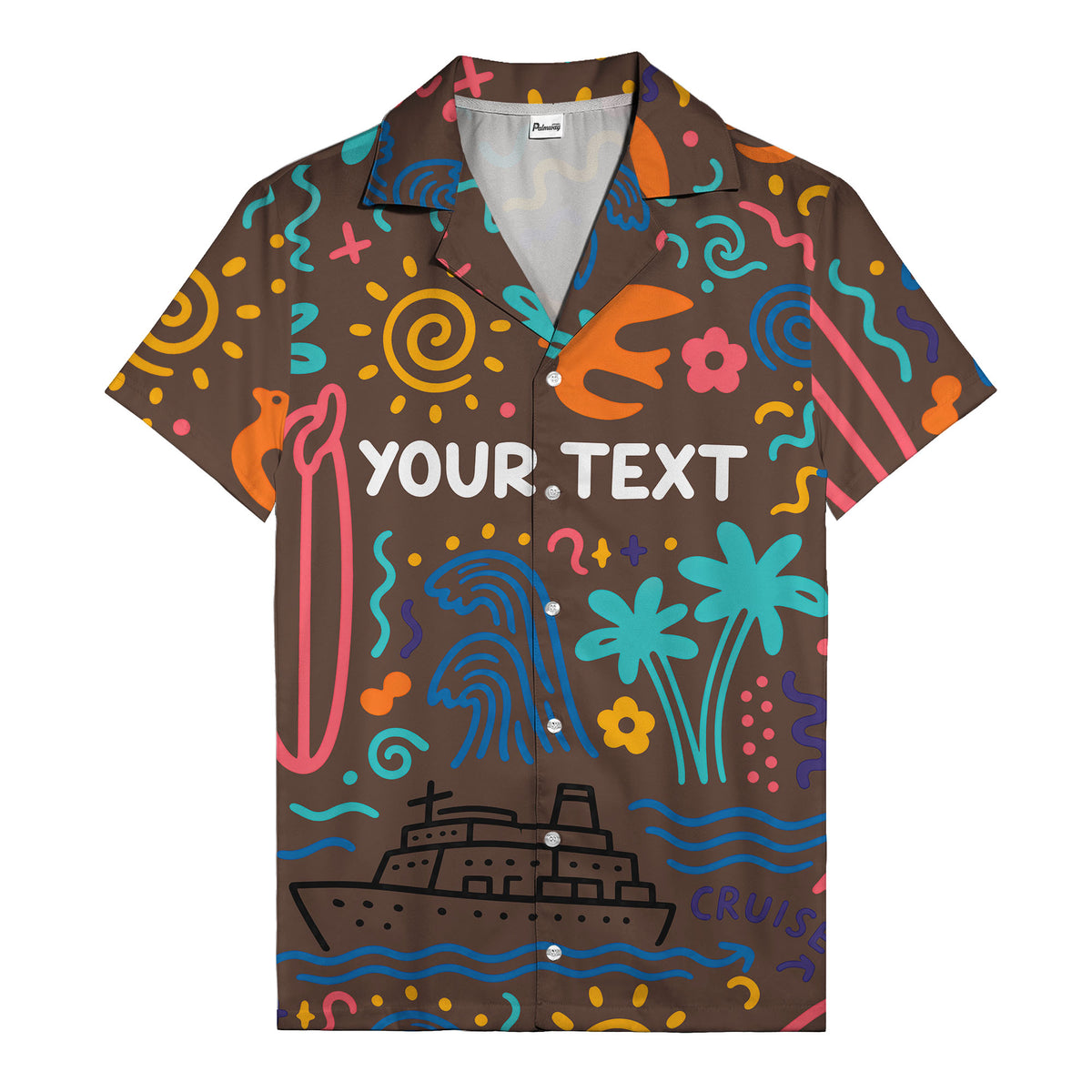 cartoon cruise ship palm trees surfboards wave hawaiian shirt