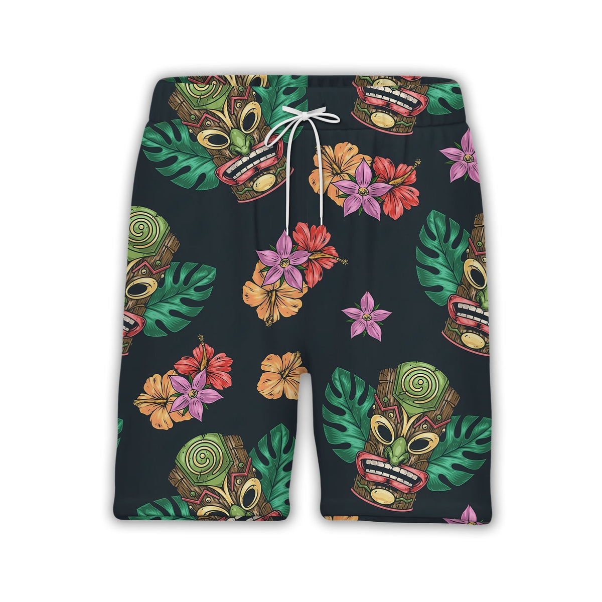 Colorful Tiki Mask Hawaiian Shirt with Hibiscus on Charcoal Grey