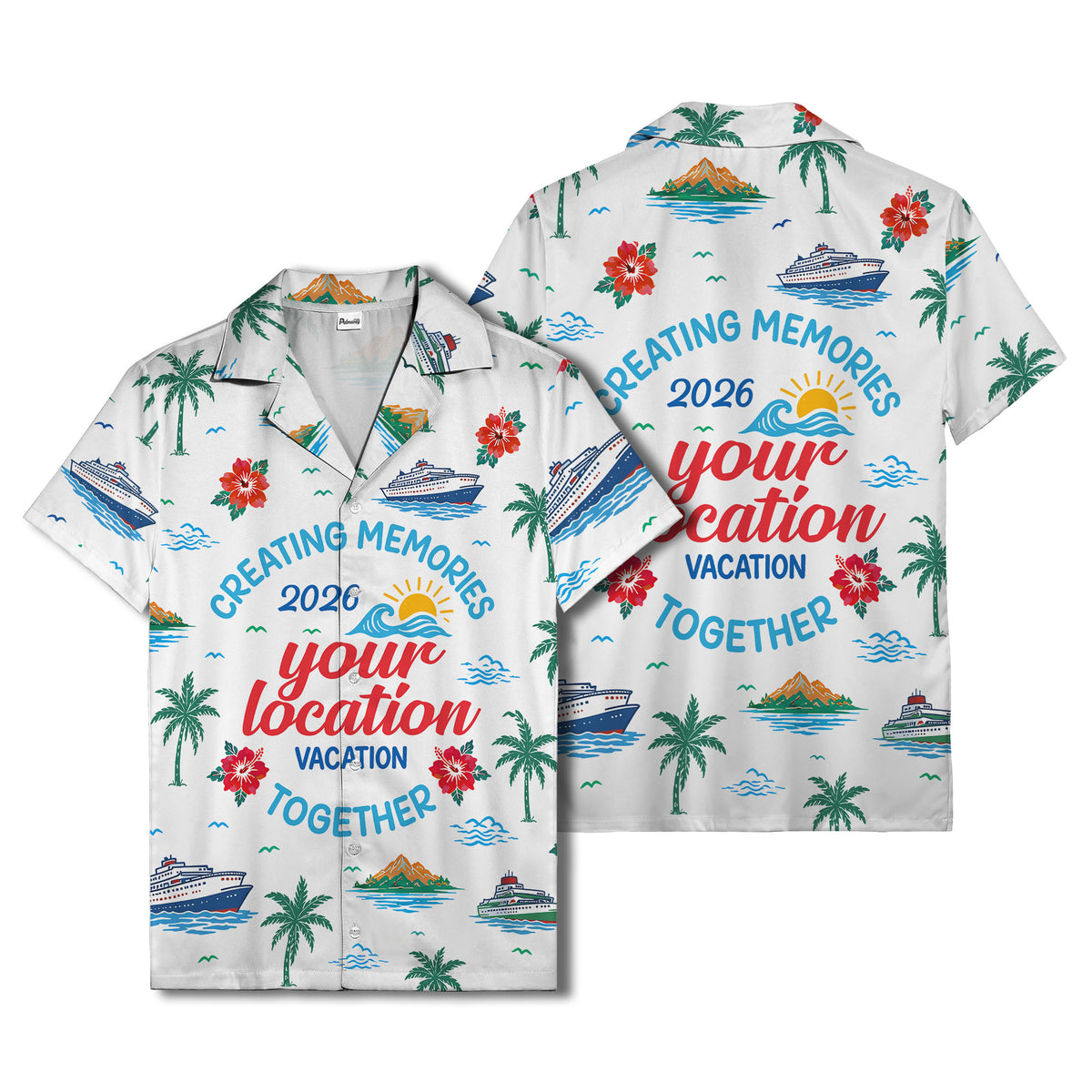 cruise ship & palm fronds watercolor vacation memories hawaiian shirt