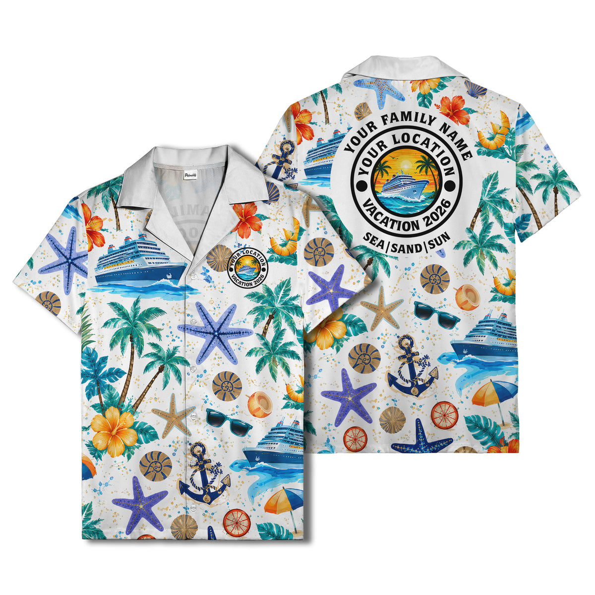 cruise ship palm trees starfish watercolor hawaiian shirt