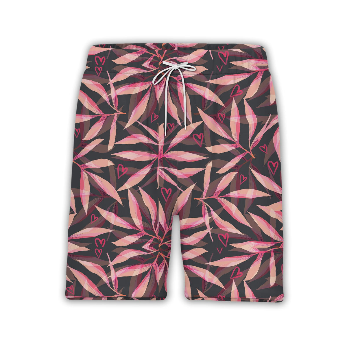 Glossy Hearts Hawaiian Shirt in Bright Pink and Red on Black Background