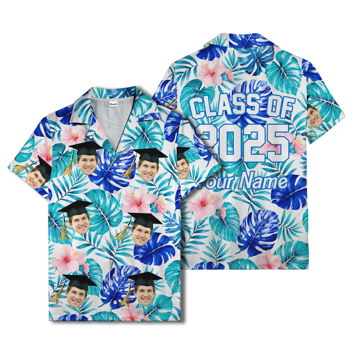 graduation caps tossed over hibiscus blooms on monstera hawaiian shirt