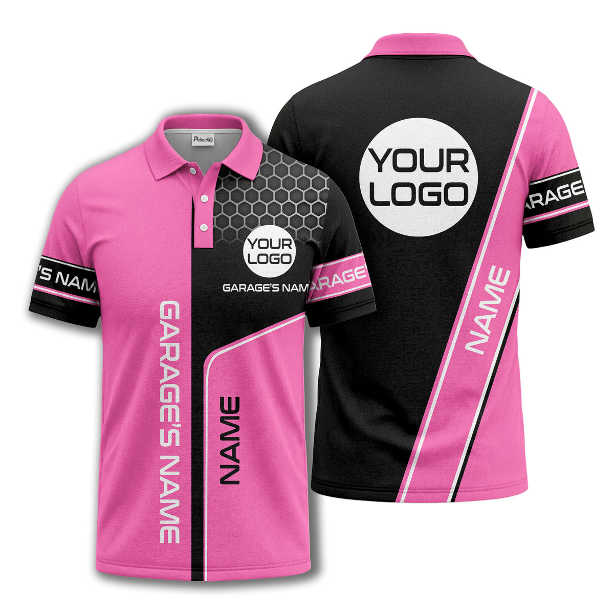 hexagonal grid garage name logo modern automotive polo shirt