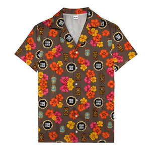 hibiscus & tiki masks all-over print hawaiian shirt for beach getaway