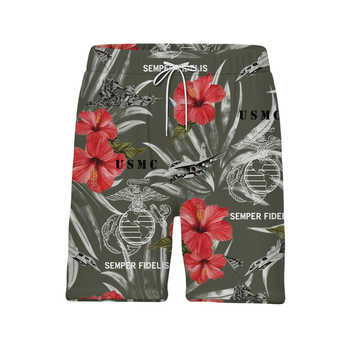 Marine Corps Olive Tropical Hawaiian Shirt - USMC Fighters Hibiscus Aloha Tee